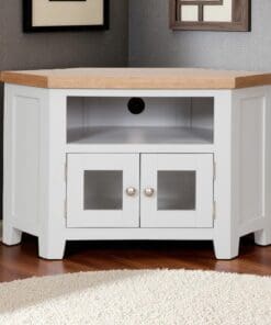 Dorset Oak Glass Corner Solid TV Unit Cabinet Pine in Painted French Grey