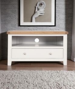 Harrogate White TV Cabinet Solid Oak and Pine Corner Unit with Drawer