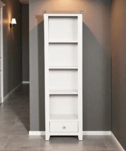 Harrogate White Slim Bookcase Display Unit Solid Oak and Pine with 3 Shelves