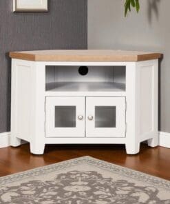 Harrogate White TV Cabinet Solid Oak and Pine Corner Unit with Glass Doors and Shelf