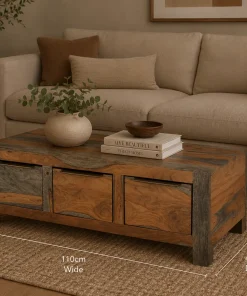 Goa Solid Sheesham Wood Dark Stain 3 Drawer Coffee Table