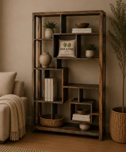 Goa Solid Sheesham Wood Dark Stain Geometric Bookcase Display Unit