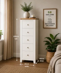 Harrogate White Oak & Pine 5 Drawer Tallboy Chest
