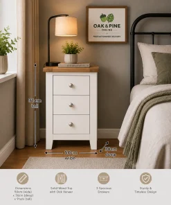Harrogate White Oak & Pine 3 Drawer Bedside Table